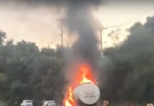 Caminhão-tanque carregado com etanol pega fogo na PR-082, entre Quinta do Sol e Fênix
