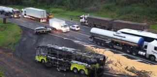 Após colisão traseira com carreta, ônibus pega fogo e deixa 14 feridos na BR-376